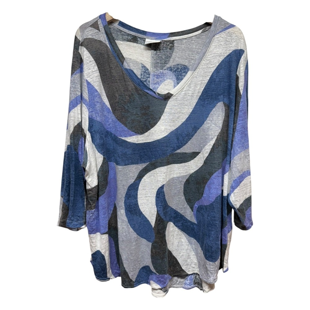 Rachel Zoe Women 100% Linen Artsy Blue Tunic‎ 3X Lagenlook 3/4 Sleeve Coastal